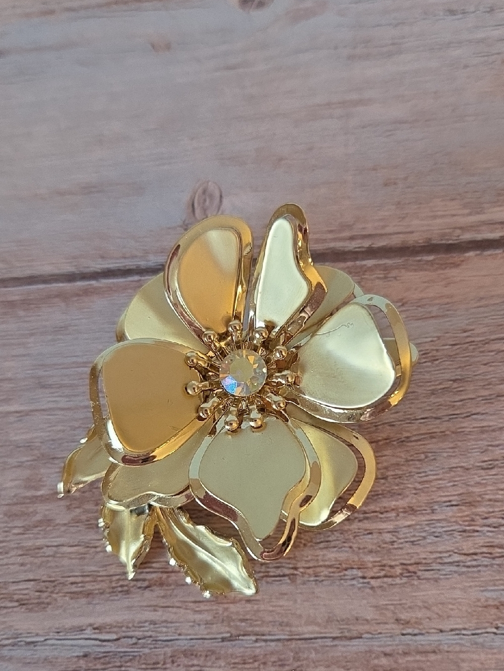 Vintage Gold Tone Floral Brooch with Aurora Crystal Center